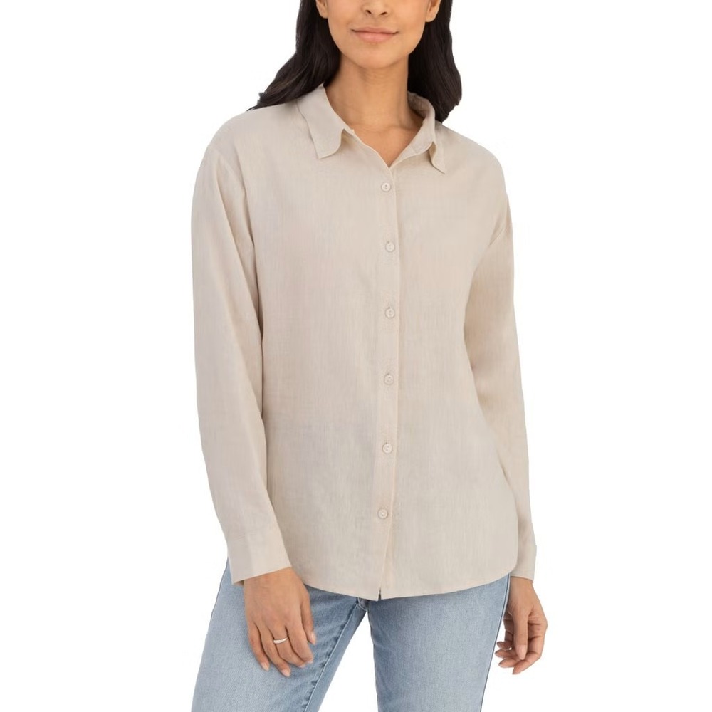 BLANK NYC Linen Blend Button Up Shirt Sz L Tan Natural Khaki Long Sleeve Top NWT